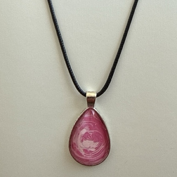 Handmade Pink and White Fluid Art Teardrop Pendant Necklace One of a Kind - Picture 4 of 9